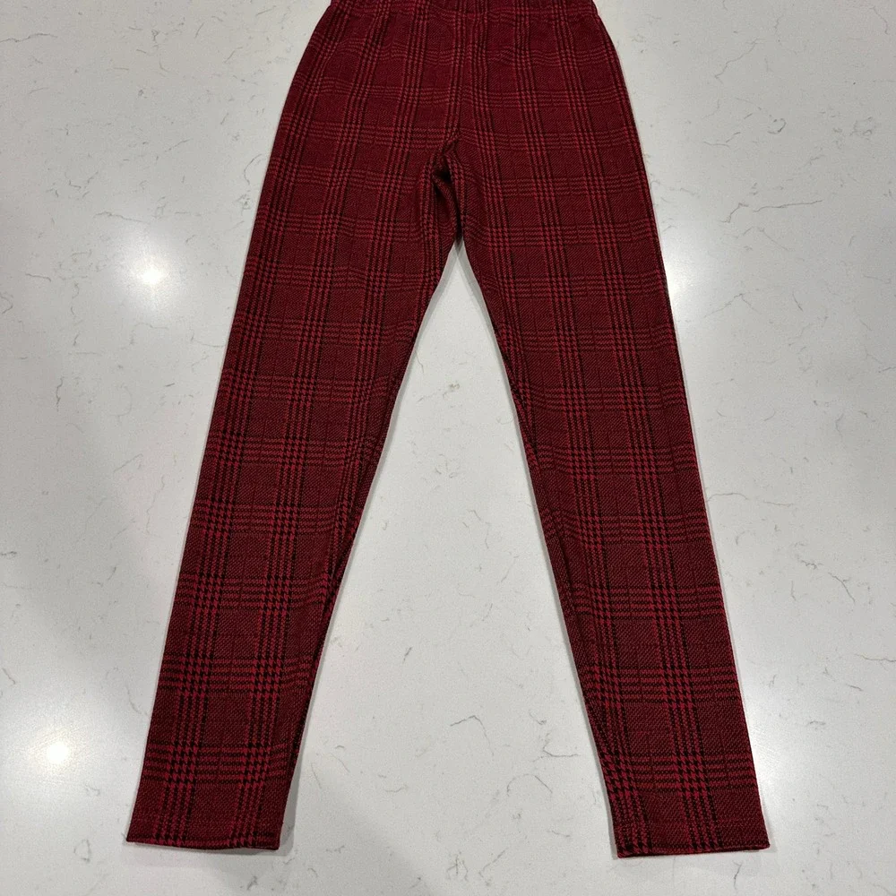 Art Class Girls Red Black Plaid Leggings Size M 7/8 Glen Check Stretch Pants